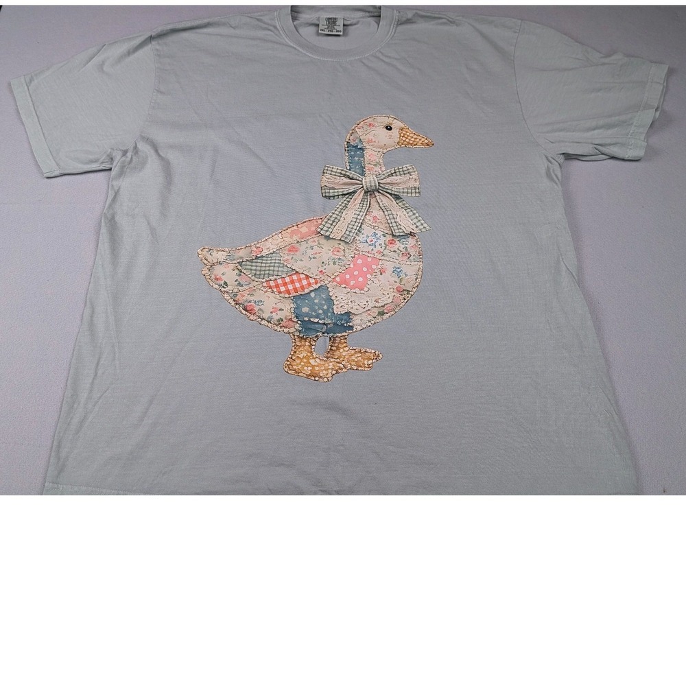 Comfort Colors Patchwork Goose T-Shirt 2XL Blue Grey Cottagecore Applique Bow